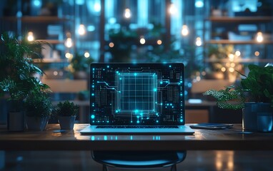 Poster - AI circuit board design overlay on a modern office desk with laptop, glowing digital connections, futuristic office setup, sleek, innovative workspace technology
