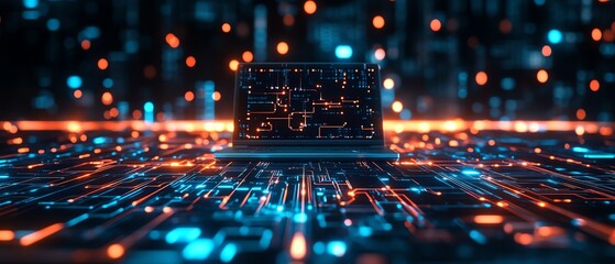 Leinwandbilder - AIpowered circuit board overlay on a modern office desk with a laptop, digital connections, futuristic tech design, glowing data flows, cuttingedge workspace