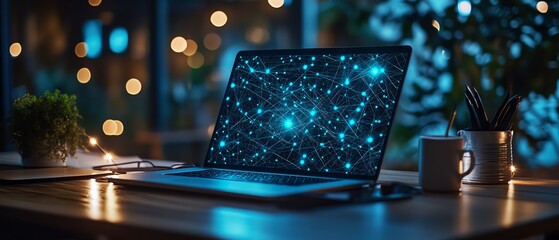 Leinwandbilder - AIpowered circuit board overlay on a modern office desk with a laptop, digital connections, futuristic tech design, glowing data flows, cuttingedge workspace