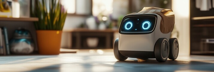 Aufkleber - Friendly robot delivers groceries in a futuristic smart home with advanced technology and vibrant interior design