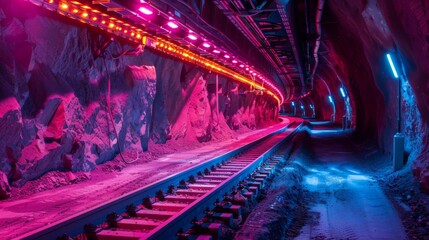 Aufkleber - An underground tunnel features vibrant neon lighting in pink and blue along the walls and over the railroad tracks. The rocky interior creates a dramatic atmosphere at night.
