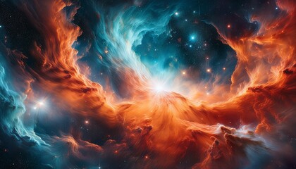 Wall Mural - explosive cosmic nebula in fiery red orange and teal hues with stars symbolizing outer space creation and celestial wonder generative ai