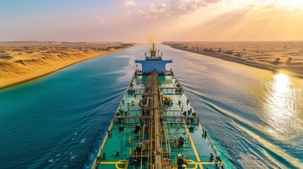 Aufkleber - An oil tanker sails through the Suez Canal as the sun sets, casting a golden glow on the water and desert hills. The tranquil atmosphere highlights the maritime journey.