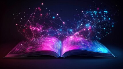 An open book with glowing lines and points creating a network on dark background
