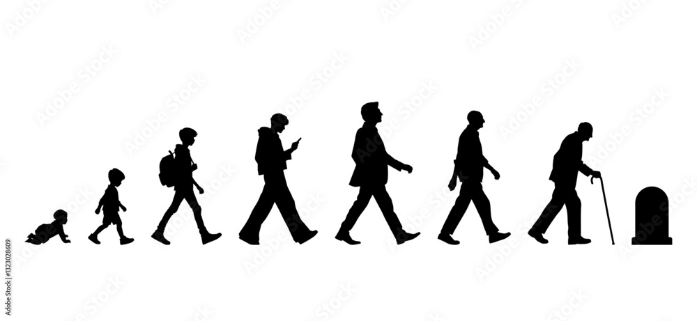 Vector illustration. Silhouette of growing up man from baby to old age ...