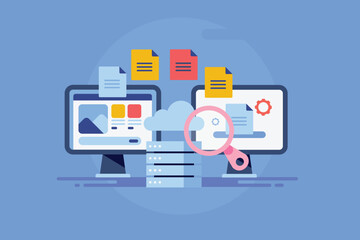Wall Mural - cloud web hosting, file transfer, cloud storage and website migration technology concept.