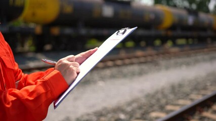 Wall Mural - an engineer is checking heavy machine checklist form during inspecting condition, with blurred backg