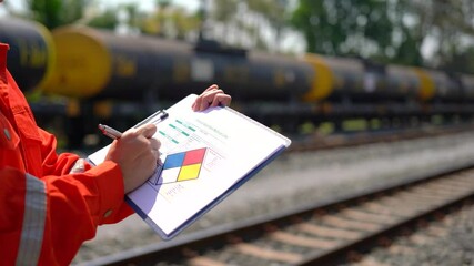 Wall Mural - an engineer is checking heavy machine checklist form during inspecting condition, with blurred backg