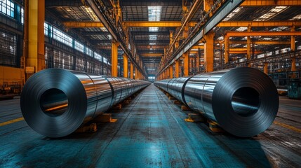 Fototapete - Steel rolls are displayed in a spacious manufacturing facility. The environment showcases advanced automation technologies and engineering processes essential for production.