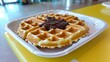 © Narongsag - Delicious Golden Waffle with Chocolate Sauce on Yellow Tray