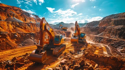 Aufkleber - Excavators are actively digging and moving earth in a large construction site surrounded by rocky terrain, with clouds drifting in a clear blue sky highlighting the midday work.