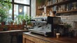 © harryaishi - Espresso machine on wooden counter in cafe.