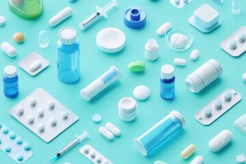 Aufkleber - Modern veterinary pharmaceutical tools and products in a light blue and green layout featuring syringes, bottles, and pills