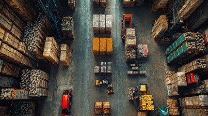 Aufkleber - Aerial view of a busy manufacturing warehouse showcasing automated machinery, organized storage units, and logistics in action. Forklifts maneuver through well-structured aisles.