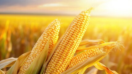Aufkleber - Golden corn cobs basking in warm evening sunlight in a vast agricultural field at sunset