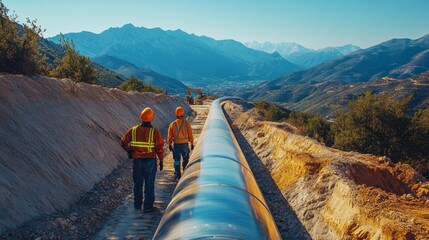 Fototapete - Two workers in safety gear walk alongside a newly installed pipeline stretching through a mountainous terrain under clear blue skies. Heavy machinery is visible in the background.