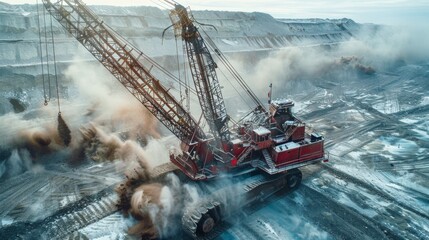 Aufkleber - A massive excavator works in a mining site, creating clouds of dust and debris while extracting materials from a large open pit. The machinery is central to operations.