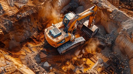Aufkleber - A powerful excavator works diligently in a construction site, moving earth and debris. Dust clouds rise, highlighting the active quarry environment under clear blue skies.