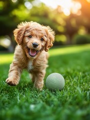Poster - Puppy having fun with a ball in a lush green park during a sunny afternoon