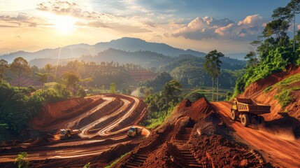 Leinwandbilder - Construction work is in progress on a mountainous terrain as heavy machinery moves dirt and enhances the landscape, illuminated by a stunning sunset.