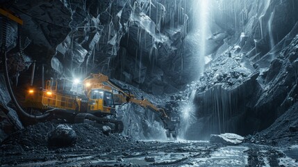 Poster - Large excavators work diligently in a deep quarry, surrounded by towering rock walls. Water flows from above, creating a captivating natural contrast to the industrial landscape.