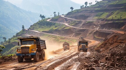 Leinwandbilder - Heavy trucks are actively transporting materials along a steep, winding dirt road amid vibrant hills and trees during daylight hours.