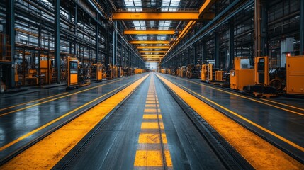 Fototapete - Automated manufacturing area features long aisles lined with machinery and equipment, illuminated by bright overhead lights, highlighting industrial efficiency and workflow.