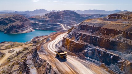 Aufkleber - A large mining truck drives along a curved road in an open pit mine, surrounded by terraced layers of rock and pebbles, with mountains and a body of water in the background.