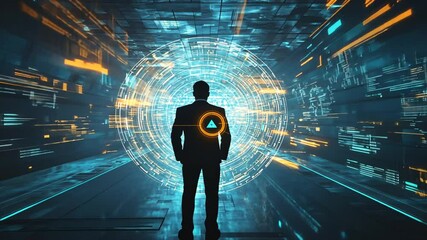 Silhouette of a businessman standing in a futuristic digital environment, data analysis