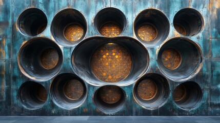 Fototapete - The installation showcases a striking arrangement of large metal tubes set against a textured steel wall. These tubes, some filled with intricate designs, highlight modern industrial artistry.