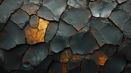 Poster - In a manufacturing facility, an aged surface shows deep cracks and chips, exposing the underlying materials. This reflects the wear from welding and casting processes over time.