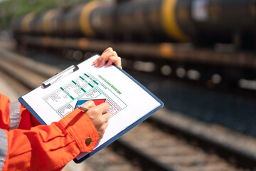 Wall Mural - action of an engineer is checking on the chemical hazard material form with background of crude oil 