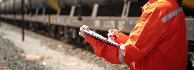 Wall Mural - an engineer is checking heavy machine checklist form during inspecting condition, with blurred backg