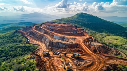 Aufkleber - Heavy machinery works on a mining site along the mountain slopes, with deep excavations and terraced land forming an impressive contrast against the lush greenery and blue sky.