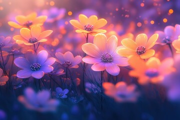 Wall Mural - luminous flowers in a dreamy field, bathed in sunset's warm glow.