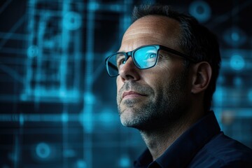 Fototapete - A pensive man gazes at a futuristic digital background, contemplating technological advancements.