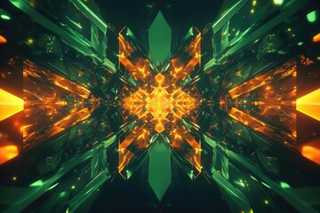 Poster - Abstract symmetrical artwork featuring glowing green and orange crystal structures forming a kaleidoscopic tunnel.