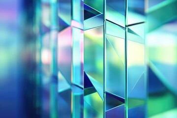 Fototapete - Abstract image of iridescent glass panels, creating a geometric pattern with vibrant teal and blue hues.