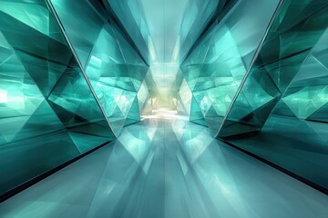 Leinwandbilder - Abstract teal glass corridor, futuristic design, perspective view, geometric patterns.