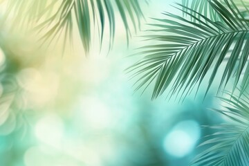 Aufkleber - Tropical palm leaves create a serene backdrop in vibrant green and teal tones with a soft gradient for inviting text and fresh adventures