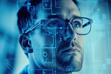 Fototapete - A man with glasses, contemplative expression, superimposed with digital circuit patterns, symbolizes technological innovation and the future.