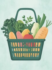 Aufkleber - Minimalistic illustration of a green shopping basket brimming with fresh fruits and vegetables against a soft pastel background