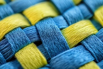 Poster - Close-up of interwoven blue and yellow textile fibers creating a complex, textured pattern.