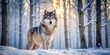© Watcharapon - A timber wolf stands alone in a snowy forest with bare trees, its fur fluffed up against the cold winter air, its eyes gleaming with a fierce inner light , winter landscape, wildlife