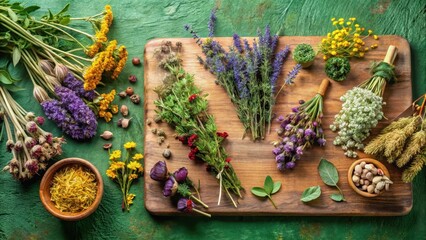 Wall Mural - A collection of dried herbs and flowers arranged on a wooden board on a green background for an organic look, herbs, natural remedies