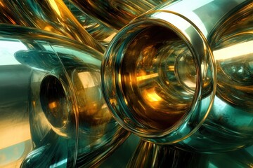 Aufkleber - Abstract 3D render of interconnected, metallic, gold and teal tubes creating a complex, futuristic design.