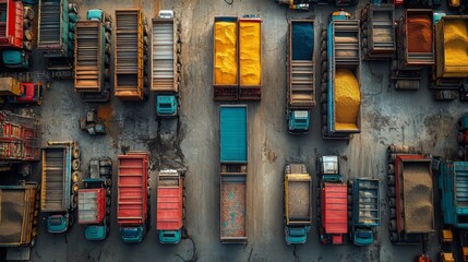 Poster - Aerial view showcasing numerous trucks loaded with raw materials waiting for processing in a manufacturing yard. The area reflects an efficient logistic operation with organized cargo delivery.
