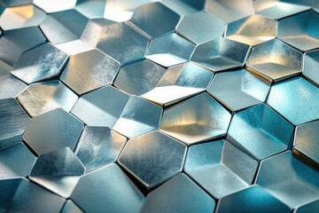 Poster - Abstract metallic honeycomb pattern, textured surface of hexagonal shapes, blue and silver tones.
