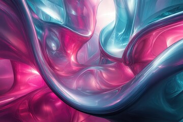 Fototapete - Abstract art depicting swirling, glossy forms in vibrant pink and teal, creating a mesmerizing visual effect.