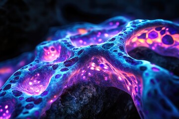 Leinwandbilder - Abstract close-up of a bioluminescent, porous, and vibrant blue and purple organic structure.